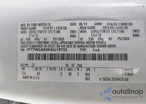 2019 Ford F-250 Xl z USA, uszkodzony, nr VIN 1FT7W2A69KEG19732